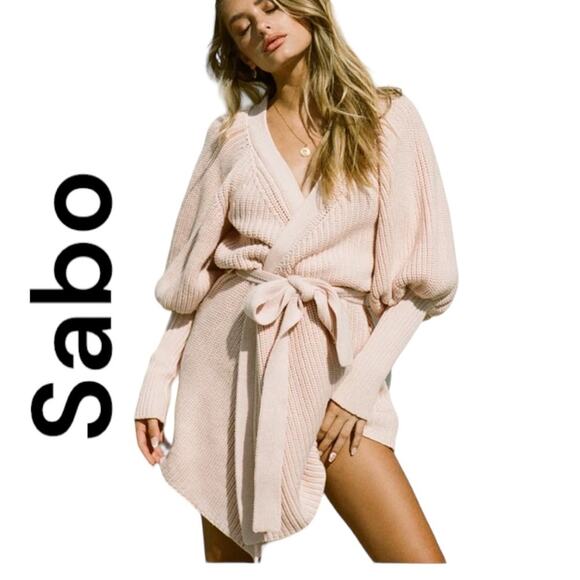 Sabo Skirt womens Large knit wrap sweater dress elle tie waist pink v neck - Picture 1 of 14